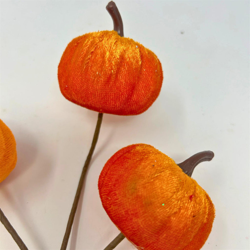 David Christopher Velvet Pumpkin Pick x 3 Orange 9", Fall Pumpkin Stem