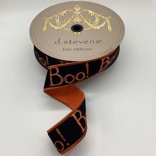 D. Stevens 1.5" x 10 Yards Halloween BOO Black Velvet with Orange Glitter Wired Ribbon