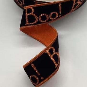 D. Stevens 1.5" x 10 Yards Halloween BOO Black Velvet with Orange Glitter Wired Ribbon