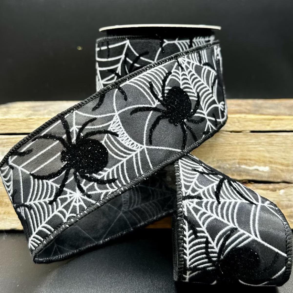 D. Stevens 2.5" X 10 Yards Black Satin Spider Web Wired Designer Ribbon | Flocked Black Spiders