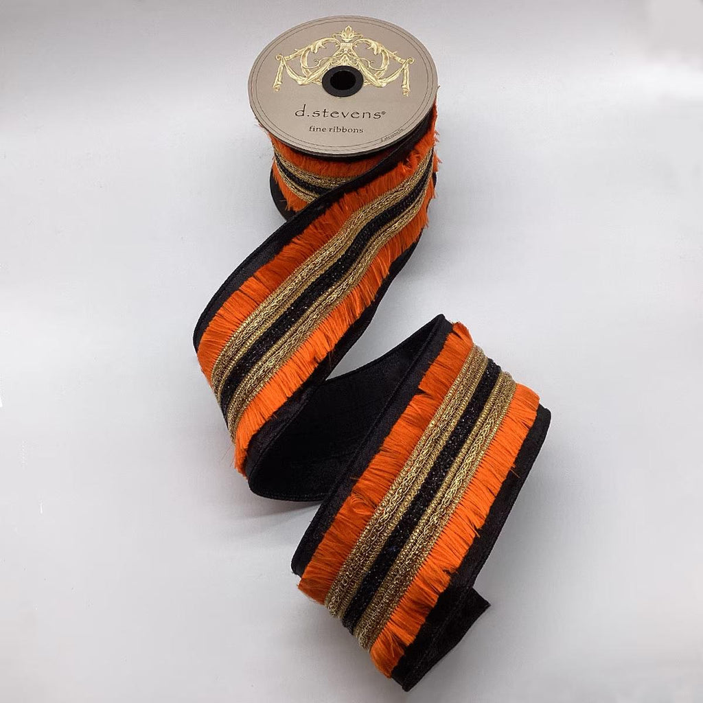 D. Stevens 3.5" Black Dupioni with Orange Fringe & Metallic Center Trim | Wired Designer Halloween Ribbon | 5 Yards