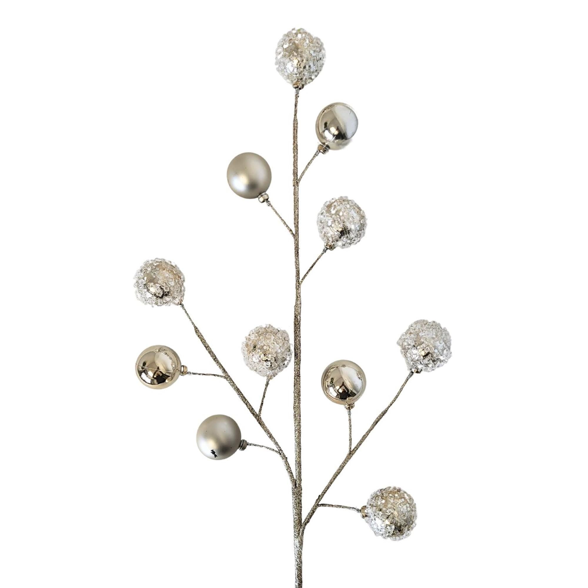 27-inch champagne Christmas spray featuring glittered iced ornament balls with matte and shiny champagne ornaments on wired branches, perfect for luxury Christmas trees, wreaths, and holiday decorating.