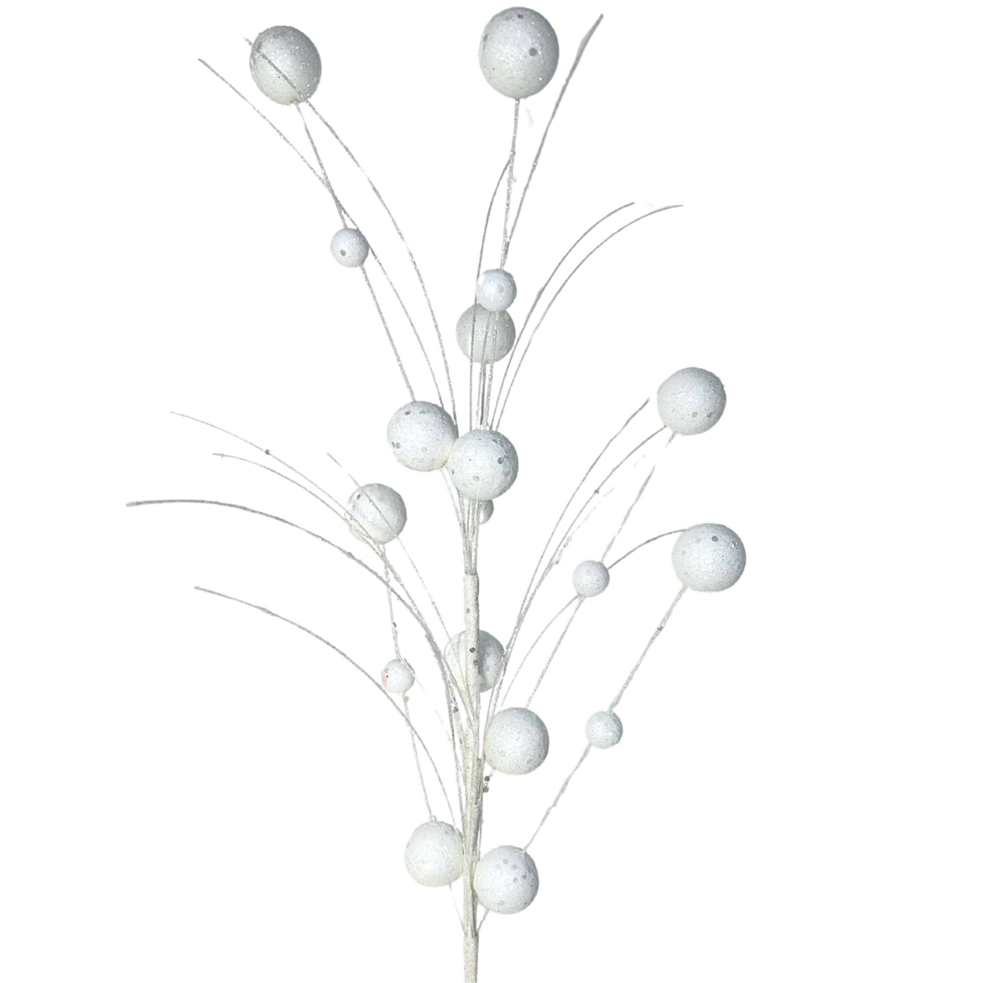 White Glitter Ball Spray 27" | Mixed Size Ball Pick, Winter Tree Spray, Holiday Wreath Supplies, Christmas Floral