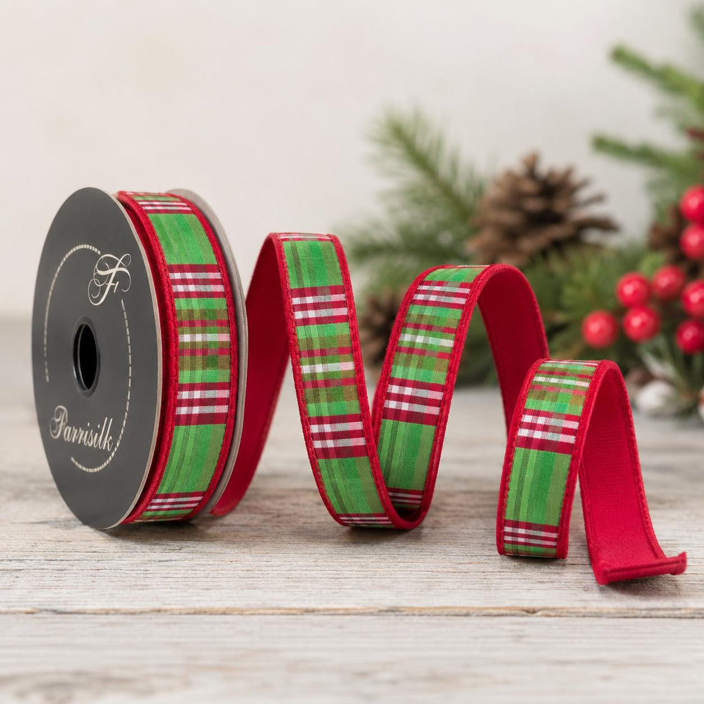 Farrisilk 1" x 10 Yards Red & Green Plaid Check Wired Ribbon | Luxury Christmas, Wreaths, Bows, Tree Decorating, Gift Wrapping