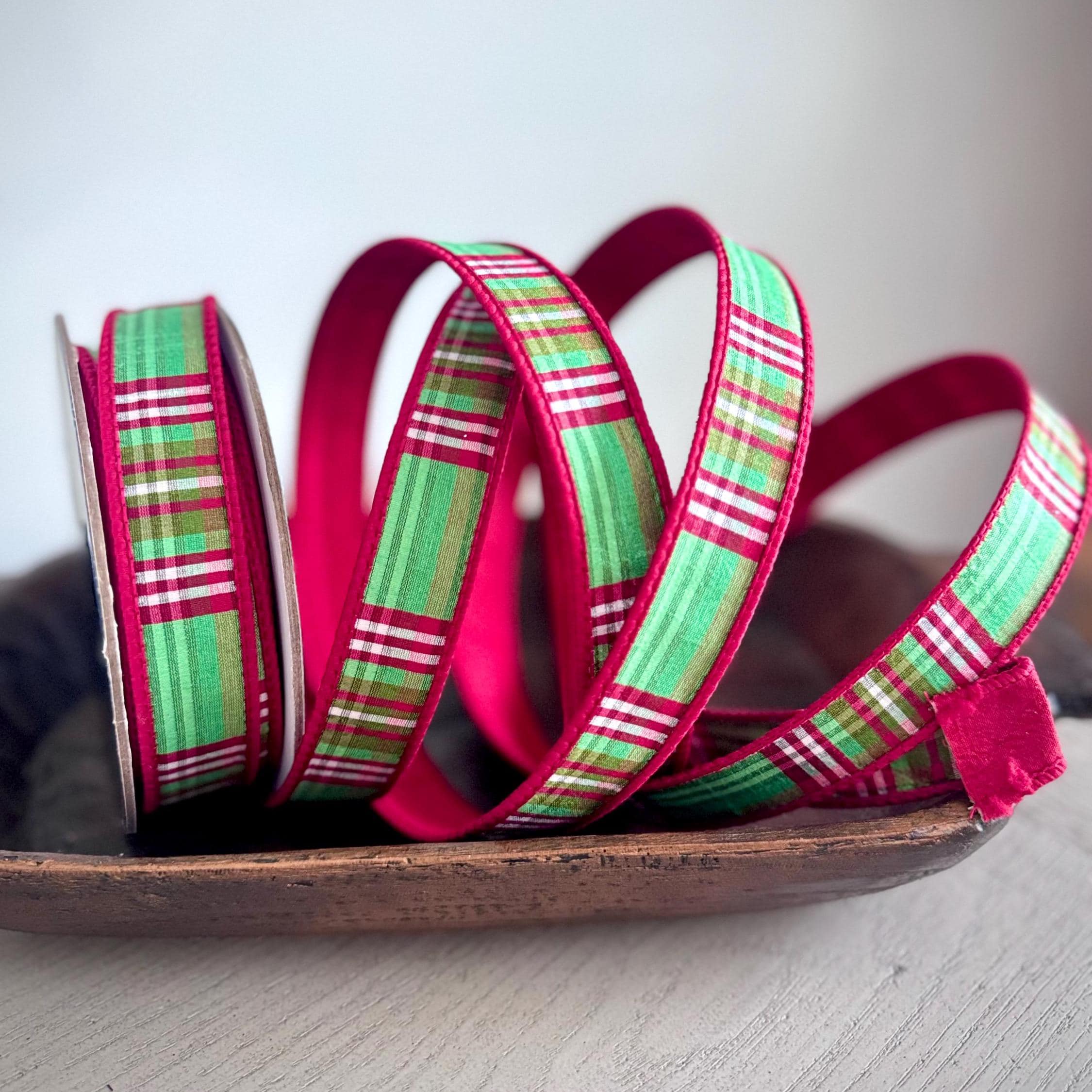 Farrisilk 1" x 10 Yards Red & Green Plaid Check Wired Ribbon | Luxury Christmas, Wreaths, Bows, Tree Decorating, Gift Wrapping
