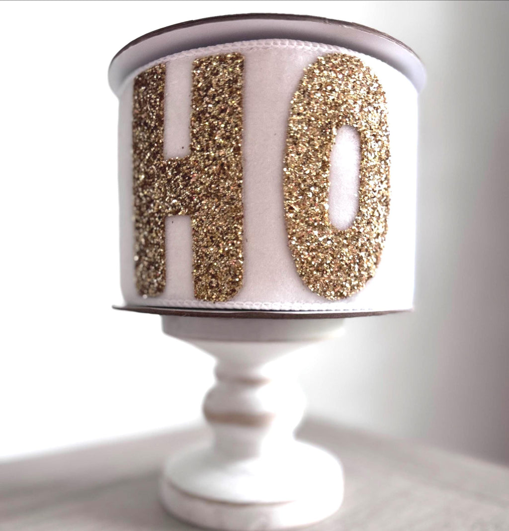 Farrisilk 4" Gold Glitter HO HO HO Velvet Ribbon – 5 Yards Wired Christmas Holiday Ribbon, Designer Christmas Ribbon, Luxury Holiday Ribbon