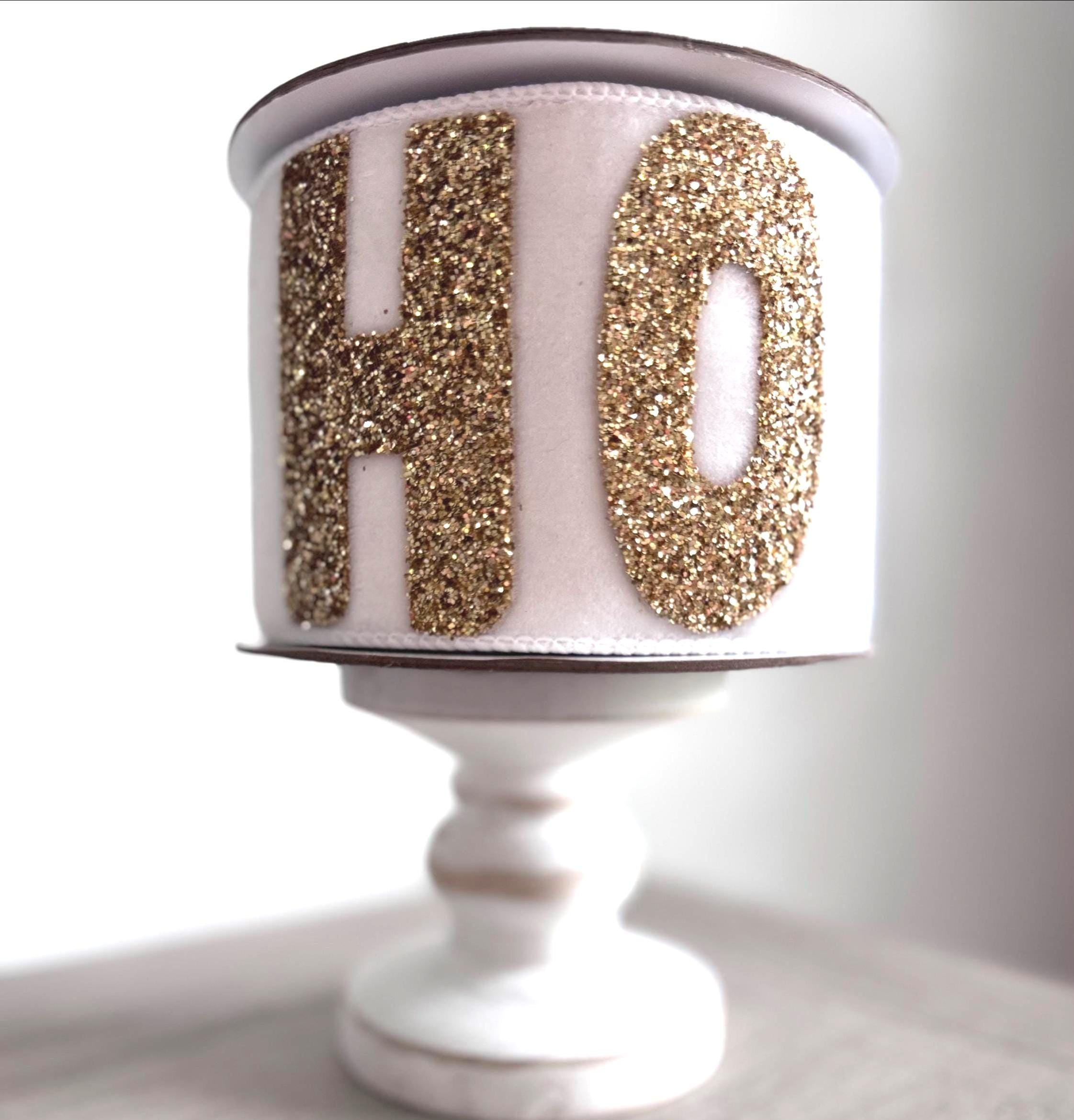 Farrisilk 4" Gold Glitter HO HO HO Velvet Ribbon – 5 Yards Wired Christmas Holiday Ribbon, Designer Christmas Ribbon, Luxury Holiday Ribbon
