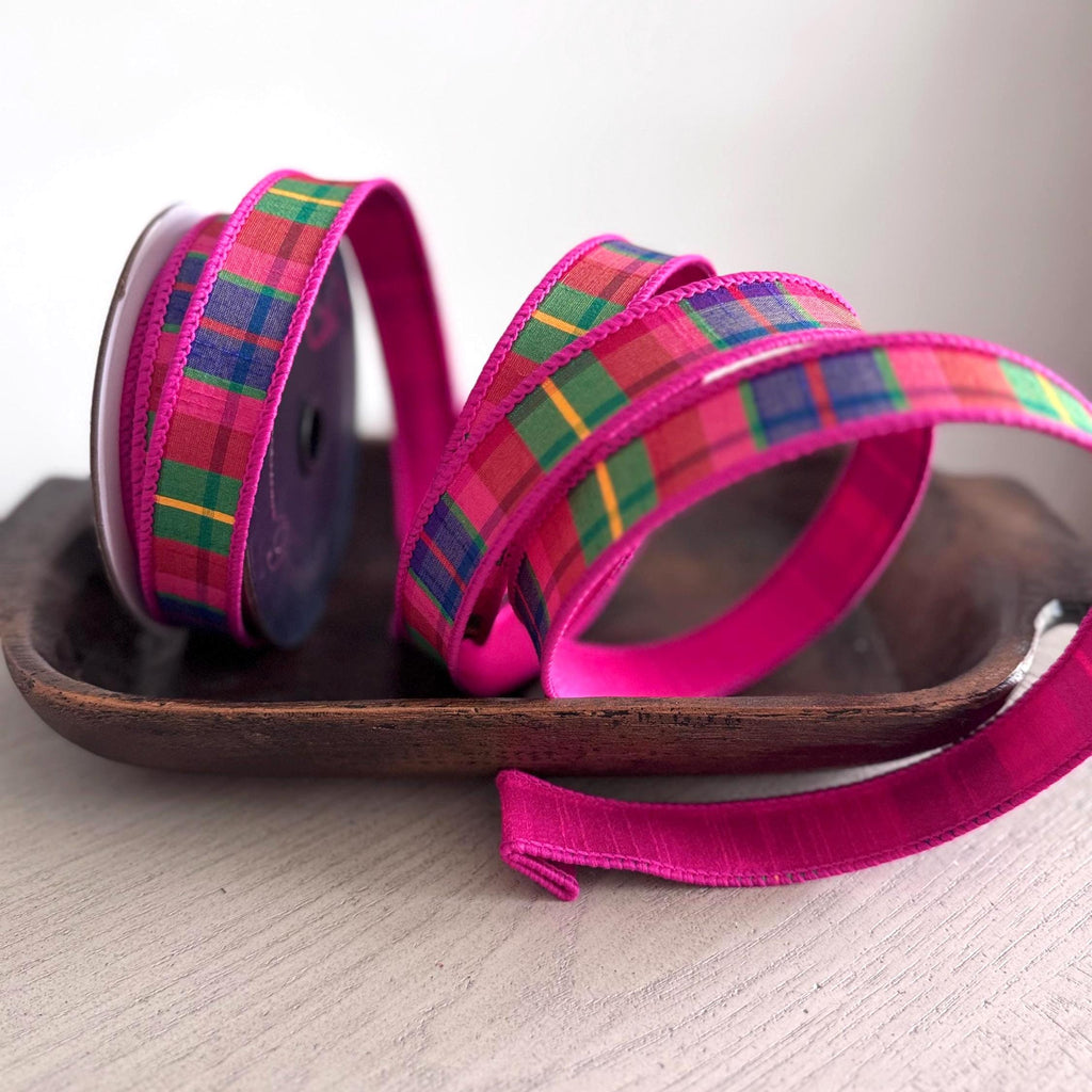 Farrisilk 1" x 10 Yards Hot Pink Christmas Plaid Wired Ribbon | Designer Holiday Ribbon for Wreaths, Bows, Tree Decor , Gift Wrapping