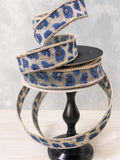 Farrisilk Blue White Cheetah Ribbon 1" x 10 Yards, Leopard Print Wired Ribbon, Designer Ribbon for Bows, Wreaths, Trees and Crafts