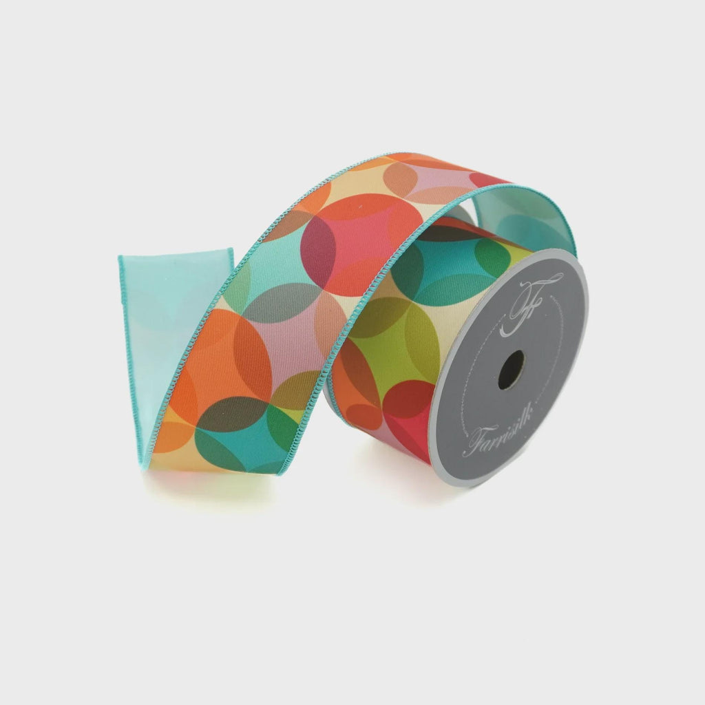 Farrisilk Vintage Vibe Turquoise Ribbon 2.5" x 10 Yards, Multicolor Geometric Wired Ribbon for Bows, Wreaths and Decor
