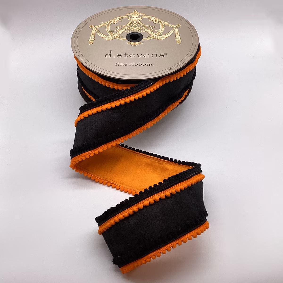 D. Stevens 3" x 10 Yards Black & Orange Dupioni with Orange Pom Pom Trim | Wired Halloween Ribbon