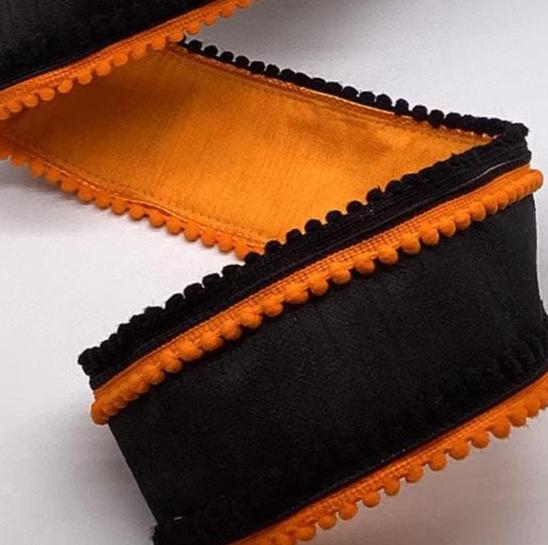 D. Stevens 3" x 10 Yards Black & Orange Dupioni with Orange Pom Pom Trim | Wired Halloween Ribbon