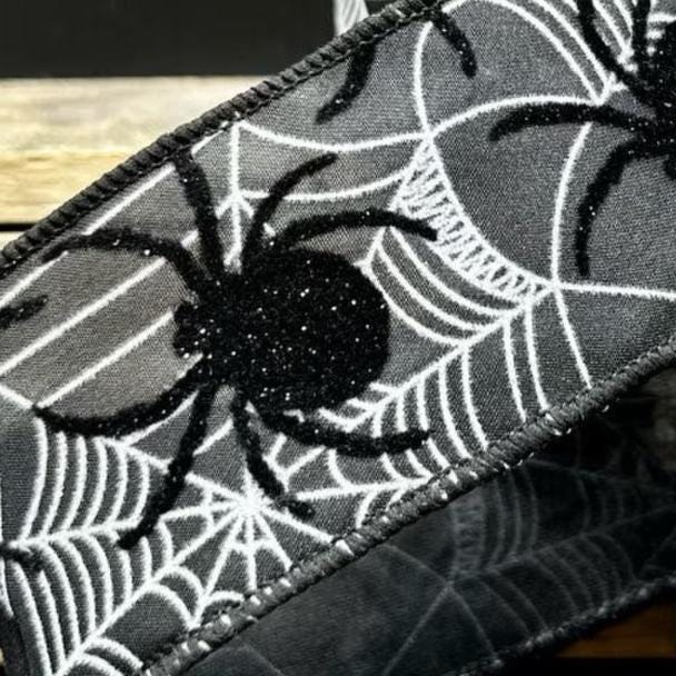 D. Stevens 2.5" X 10 Yards Black Satin Spider Web Wired Designer Ribbon | Flocked Black Spiders