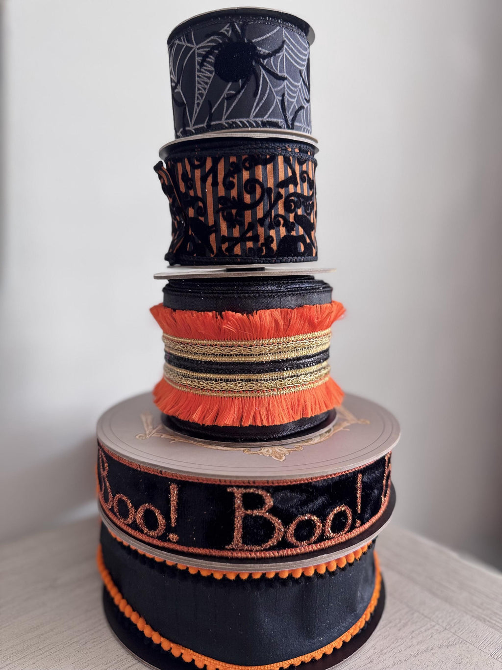 D. Stevens 3.5" Black Dupioni with Orange Fringe & Metallic Center Trim | Wired Designer Halloween Ribbon | 5 Yards