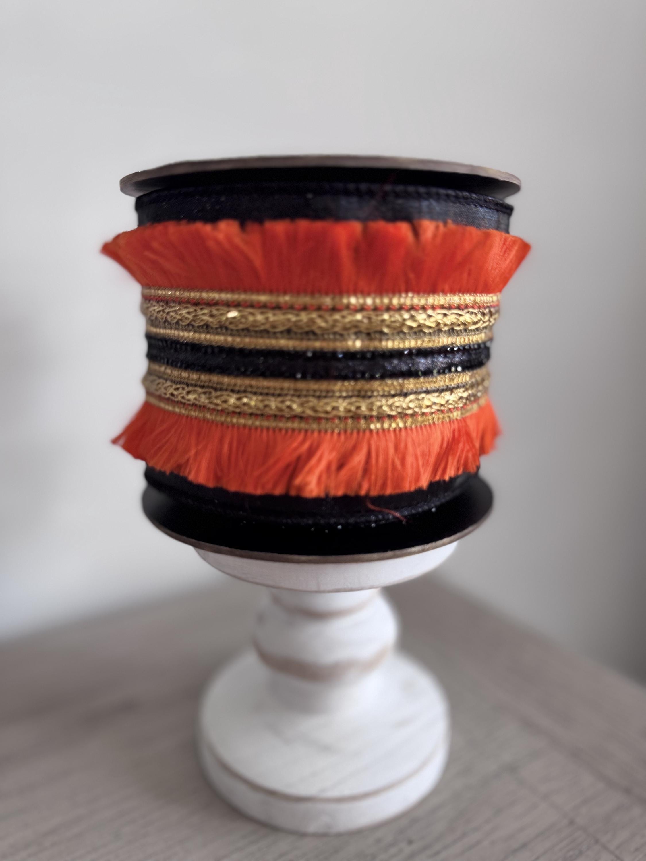 D. Stevens 3.5" Black Dupioni with Orange Fringe & Metallic Center Trim | Wired Designer Halloween Ribbon | 5 Yards