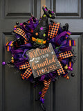 Large Halloween Witch Wreath, Welcome to Our Haunted House Mesh Wreath, Purple Orange Black Door Hanger, Whimsical Halloween Decor