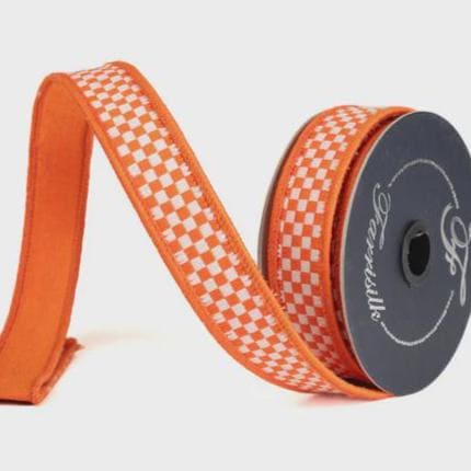 Farrisilk 1" x 10 Yards Orange & White Kitschy Checks Wired Ribbon | Designer Halloween, Wreaths, Bows, Trees