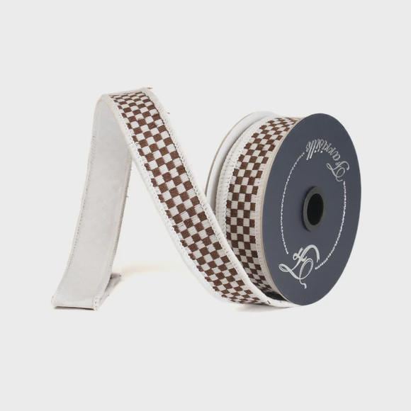 Farrisilk 1" x 10 Yards Chocolate & Ivory Kitschy Checks Wired Ribbon | Designer Fall, Christmas Ribbon for Wreaths, Bows, Tree Decor