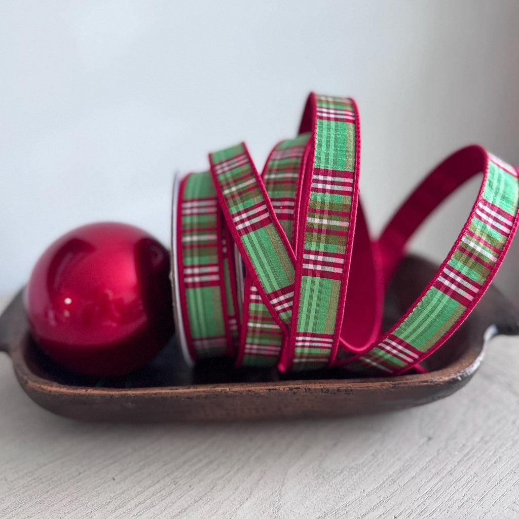 Farrisilk 1" x 10 Yards Red & Lime Plaid Check Wired Ribbon | Luxury Christmas Ribbon, Wreaths, Bows, Tree Decorating, Gift Wrapping