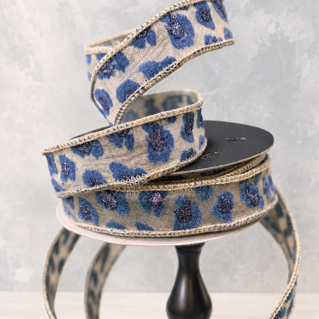 Farrisilk Blue White Cheetah Ribbon 1" x 10 Yards, Leopard Print Wired Ribbon, Designer Ribbon for Bows, Wreaths, Trees and Crafts