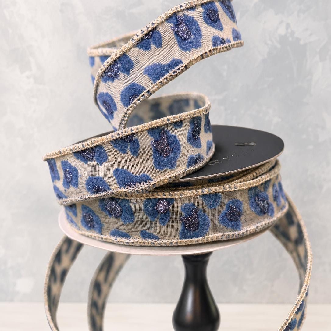 Farrisilk Blue White Cheetah Ribbon 1" x 10 Yards, Leopard Print Wired Ribbon, Designer Ribbon for Bows, Wreaths, Trees and Crafts