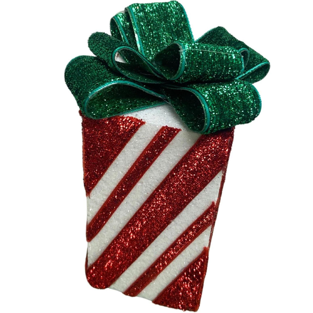 Peppermint Gift Box Table Décor, 6 Inch Red White Green Glitter Christmas Present, Candy Cane Holiday Decoration