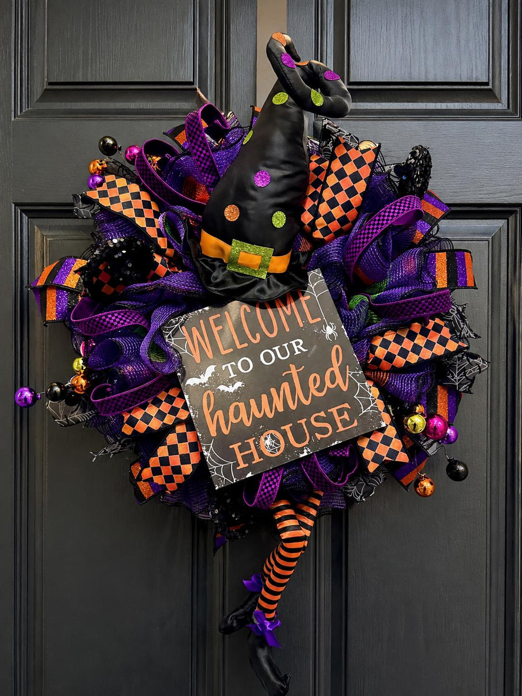 Large Halloween Witch Wreath, Welcome to Our Haunted House Mesh Wreath, Purple Orange Black Door Hanger, Whimsical Halloween Decor
