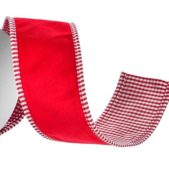 Vickerman 4” Red Velvet Ribbon with Red and White Striped Taffeta Back & Piping, Wired Christmas Ribbon, 10 Yard Roll