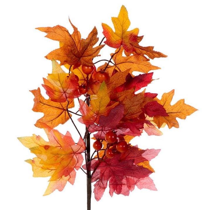 27” Fall Maple Leaf and Berry Spray, Red Orange Yellow Artificial Autumn Foliage Stem, Wreath and Floral Supply