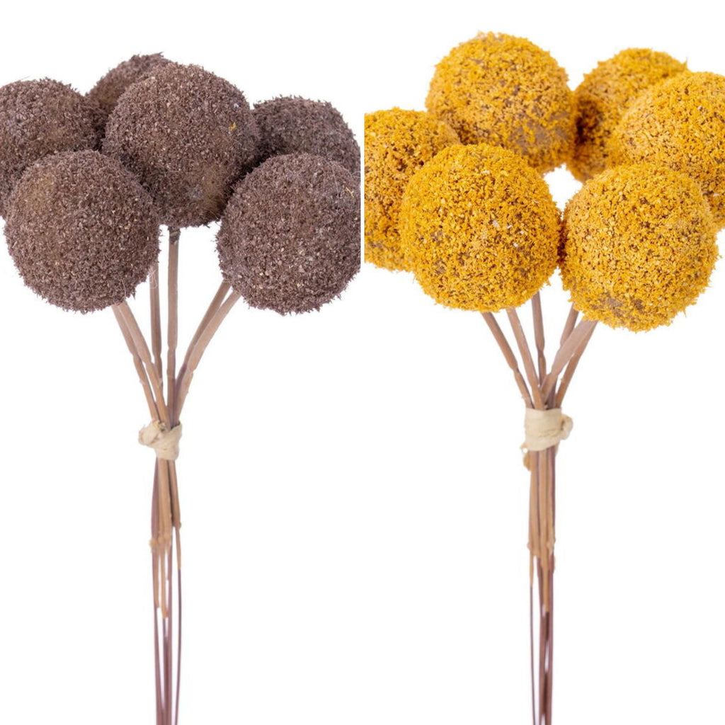 7” Artificial Billy Button Stems, Bundle of 6, Brown Purple or Dark Yellow Craspedia Floral Picks, Fall Wreath Supplies