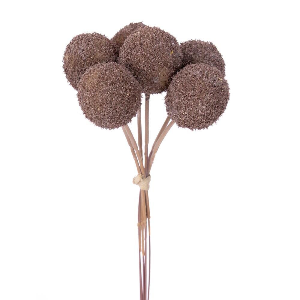 7” Artificial Billy Button Stems, Bundle of 6, Brown Purple or Dark Yellow Craspedia Floral Picks, Fall Wreath Supplies