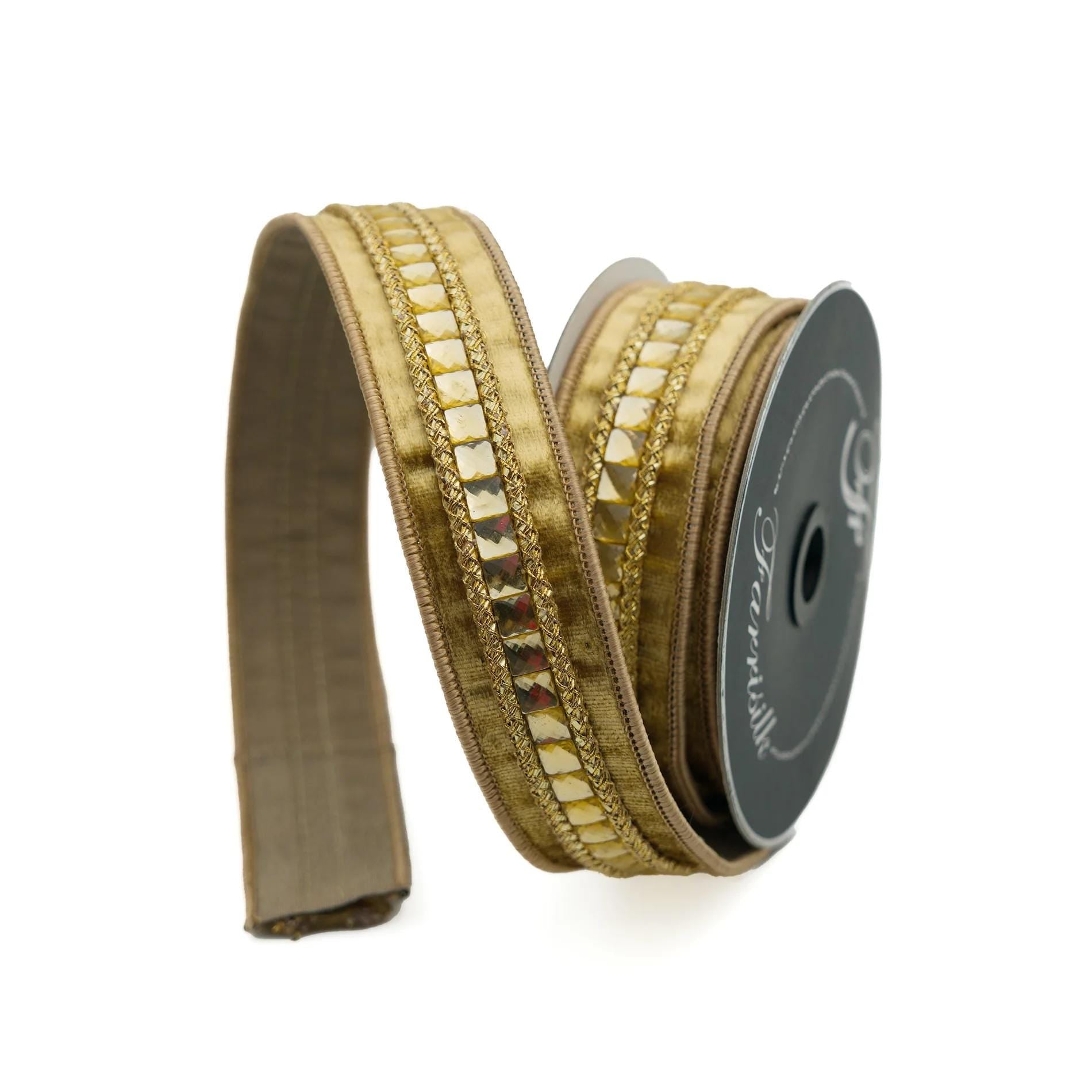Farrisilk Gold Gemstone Ribbon 1.5 Inch x 5 Yards, Luxury Wired Ribbon, Jeweled Ribbon for Wreaths, Bows and Holiday Décor