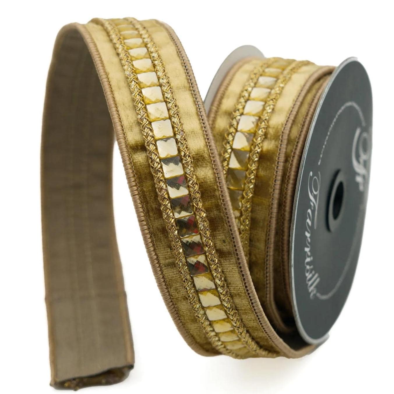Farrisilk Gold Gemstone Ribbon 1.5 Inch x 5 Yards, Luxury Wired Ribbon, Jeweled Ribbon for Wreaths, Bows and Holiday Décor