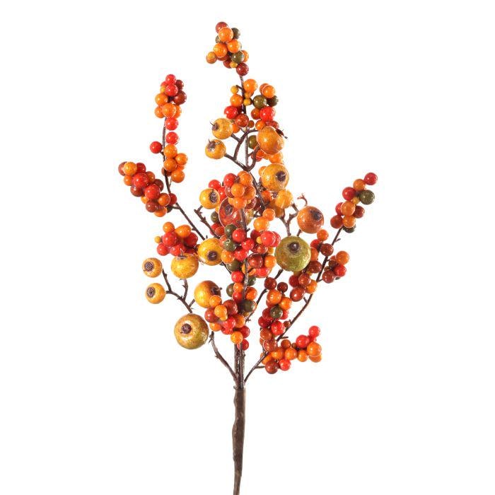14” Mixed Harvest Berry & Crabapple Pick, Orange Red Fall Floral Stem, Autumn Wreath and Thanksgiving Décor Supply