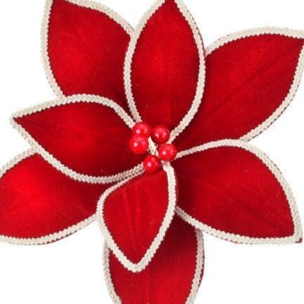 24” Red Velvet Poinsettia Stem with Natural Trim Edge, Christmas Floral Pick, Holiday Wreath< Garland, Tree Décor Supply