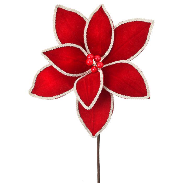 24” Red Velvet Poinsettia Stem with Natural Trim Edge, Christmas Floral Pick, Holiday Wreath< Garland, Tree Décor Supply