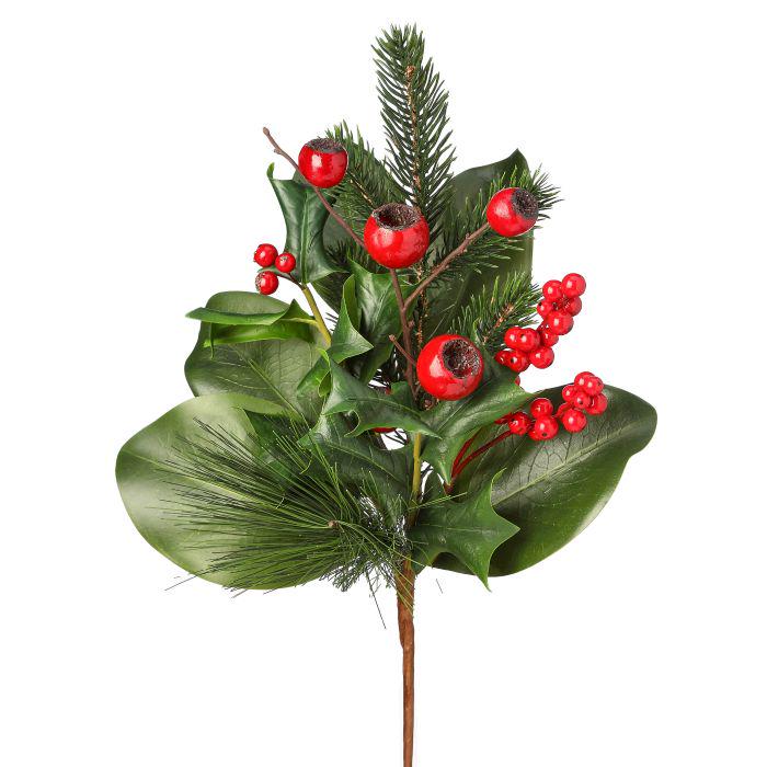 17” Premium Christmas Berry Pine Magnolia Holly Spray, Red Green Holiday Floral Pick, Wreath, Garland, Tree Decor Supply