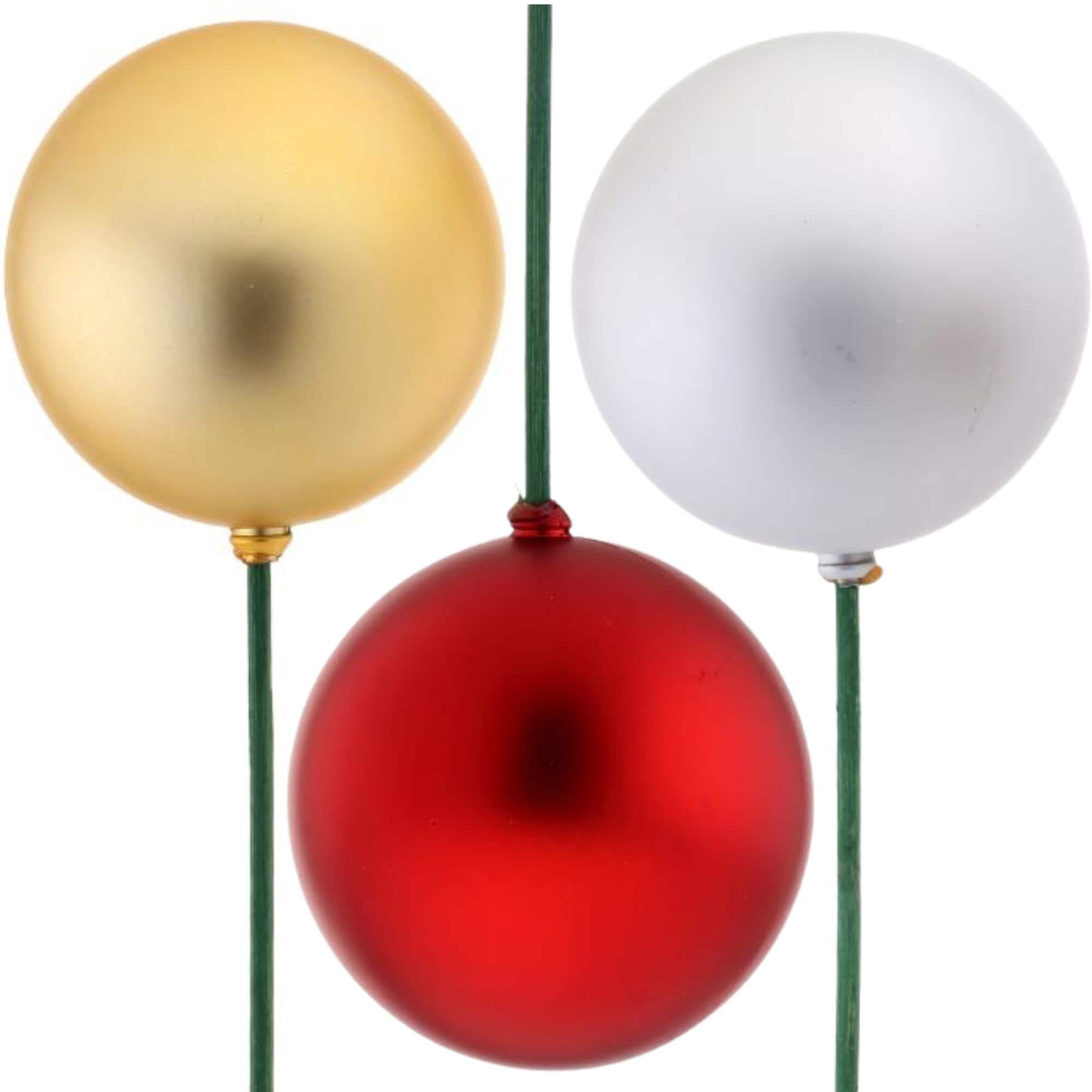 21” Matte Ball Ornament Stake, 80mm Gold Red or Silver Christmas Pick, Holiday Wreath, Garland and Tree Décor Supply