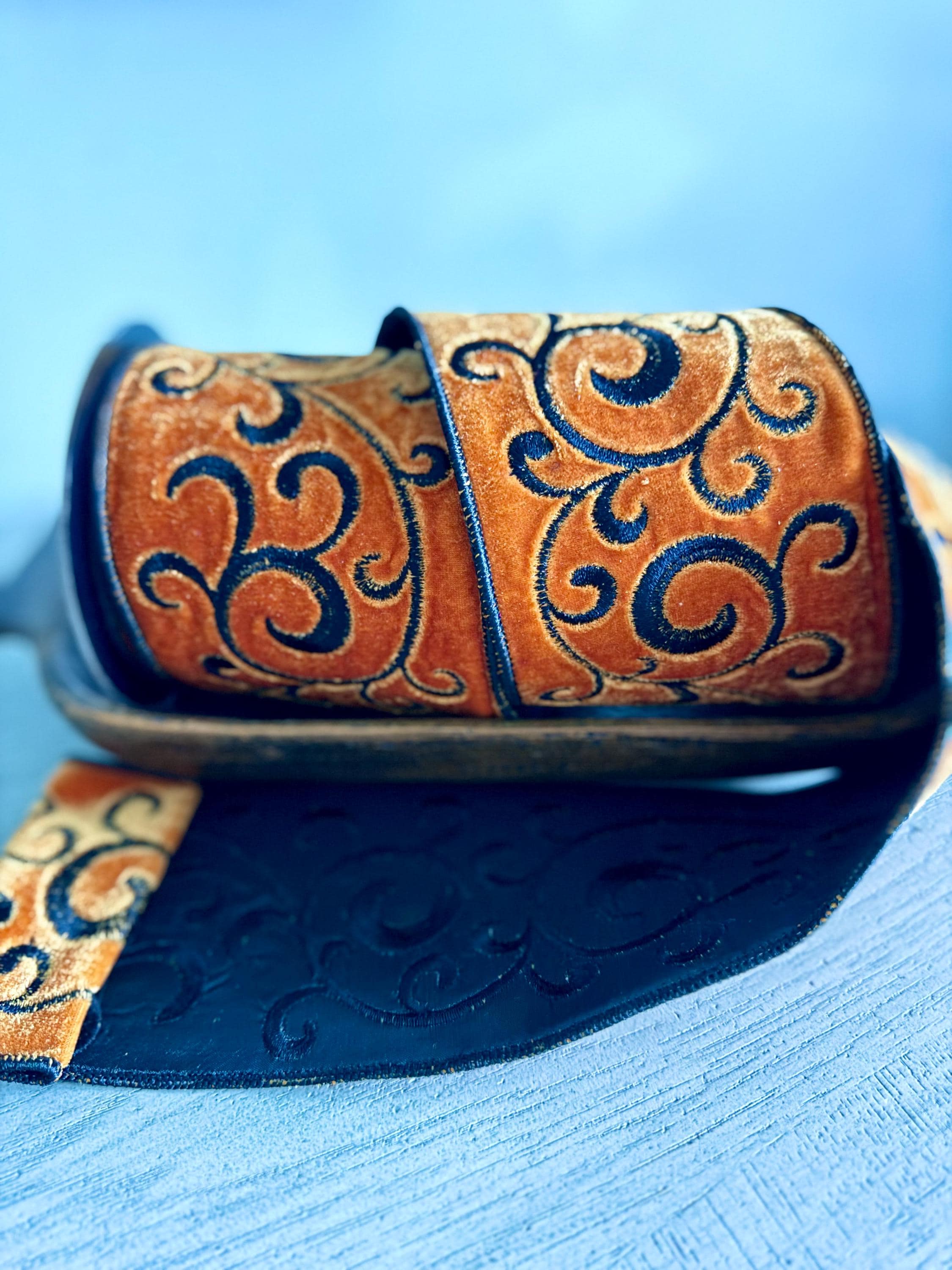 D. Stevens 4" Orange Velvet Ribbon with Black Swirls | 5 Yard Wired Halloween Ribbon | Designer Wreath and Bow Ribbon