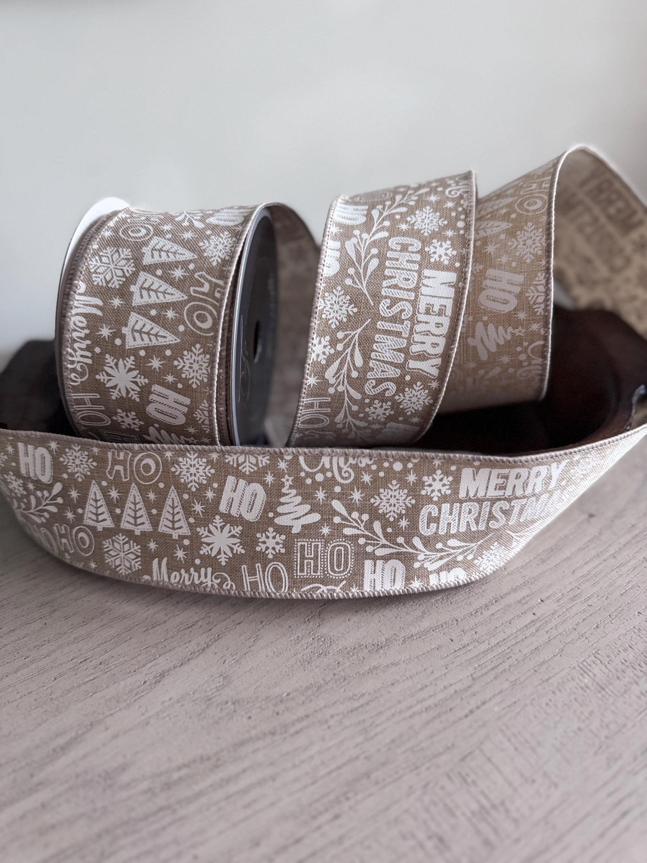 Farrisilk 2.5" Jolly Christmas Ribbon | 10 Yard Taupe and White Wired Ribbon | Merry Christmas Wreath and Bow Ribbon