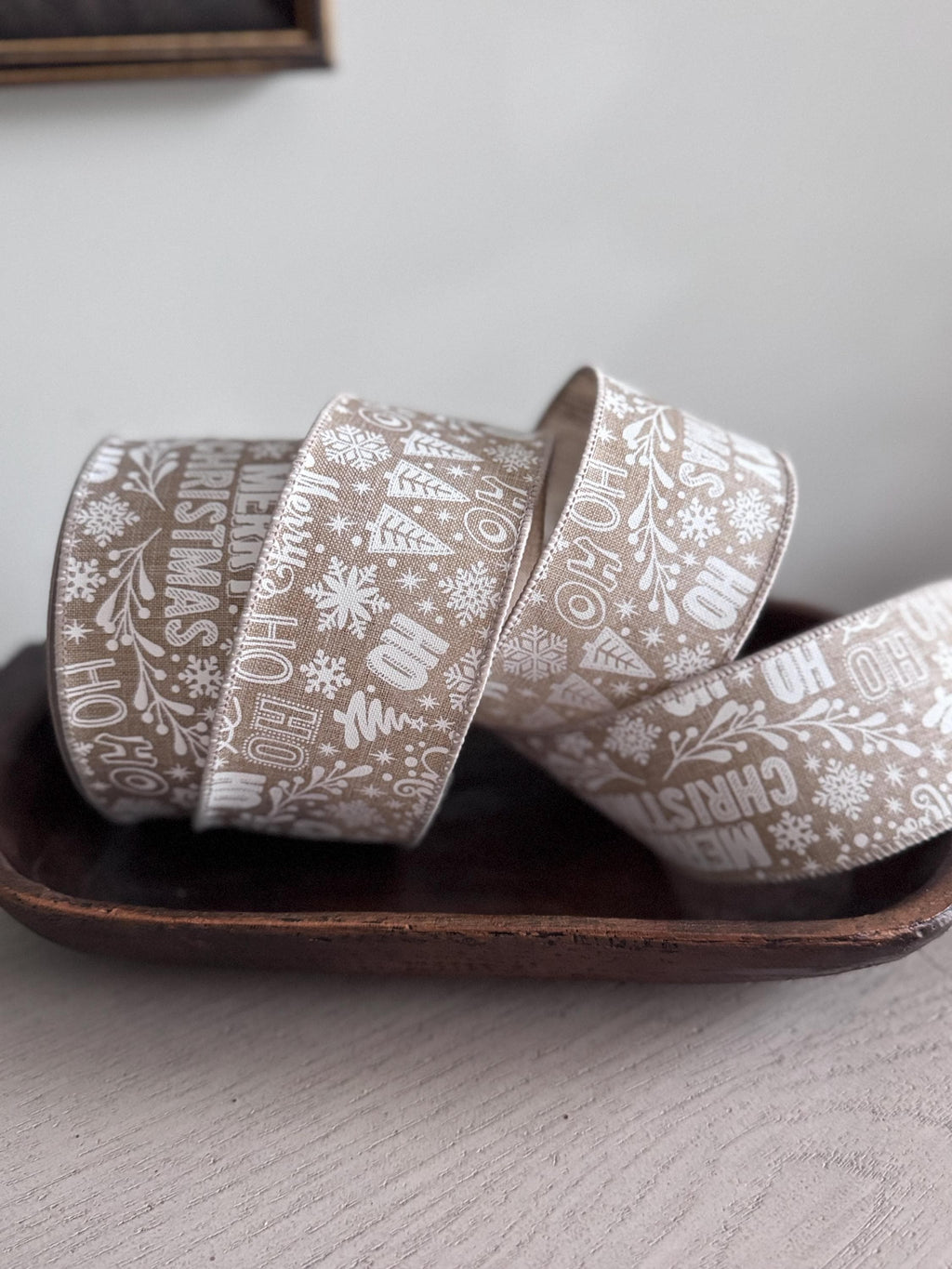 Farrisilk 2.5" Jolly Christmas Ribbon | 10 Yard Taupe and White Wired Ribbon | Merry Christmas Wreath and Bow Ribbon