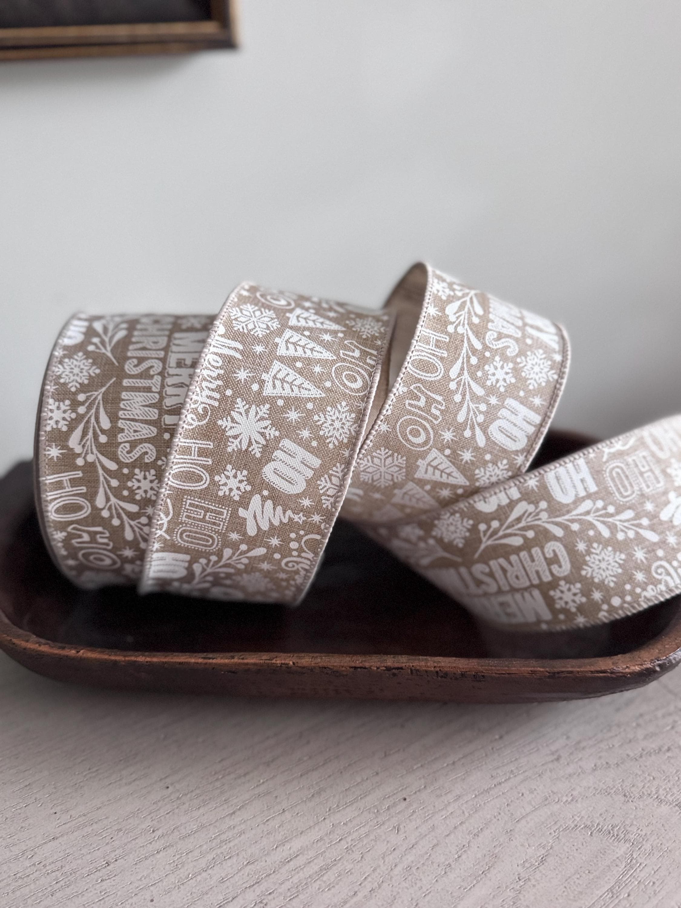 Farrisilk 2.5" Jolly Christmas Ribbon | 10 Yard Taupe and White Wired Ribbon | Merry Christmas Wreath and Bow Ribbon