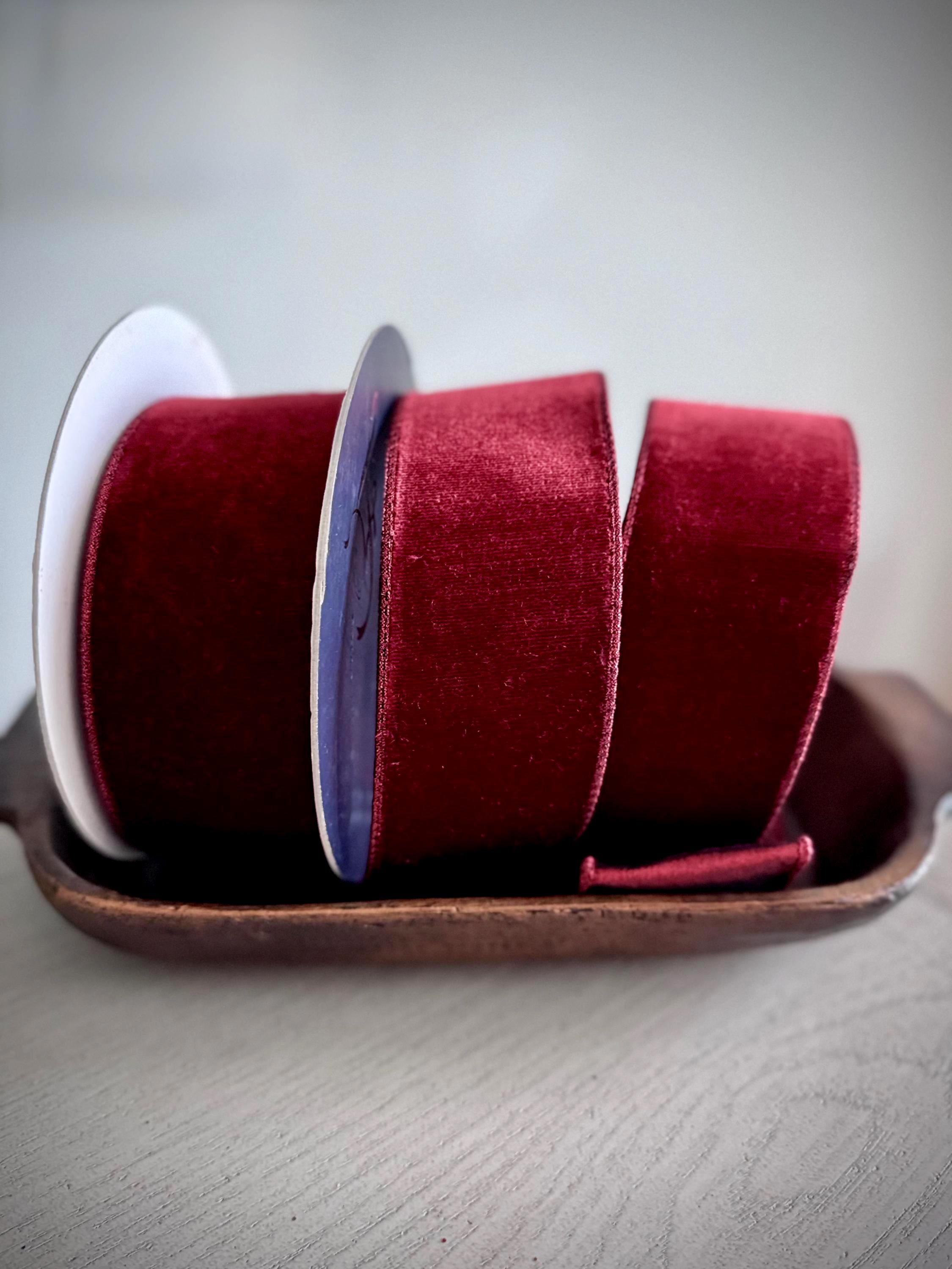 Farrisilk Velvet Luster Burgundy Ribbon 2.5" x 10 Yards | Luxury Wired Christmas Wreath and Bow Ribbon