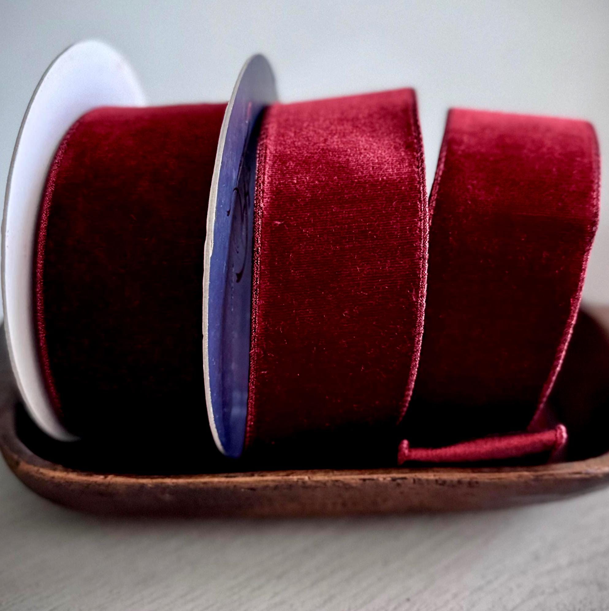 Farrisilk Velvet Luster Burgundy Ribbon 2.5" x 10 Yards | Luxury Wired Christmas Wreath and Bow Ribbon