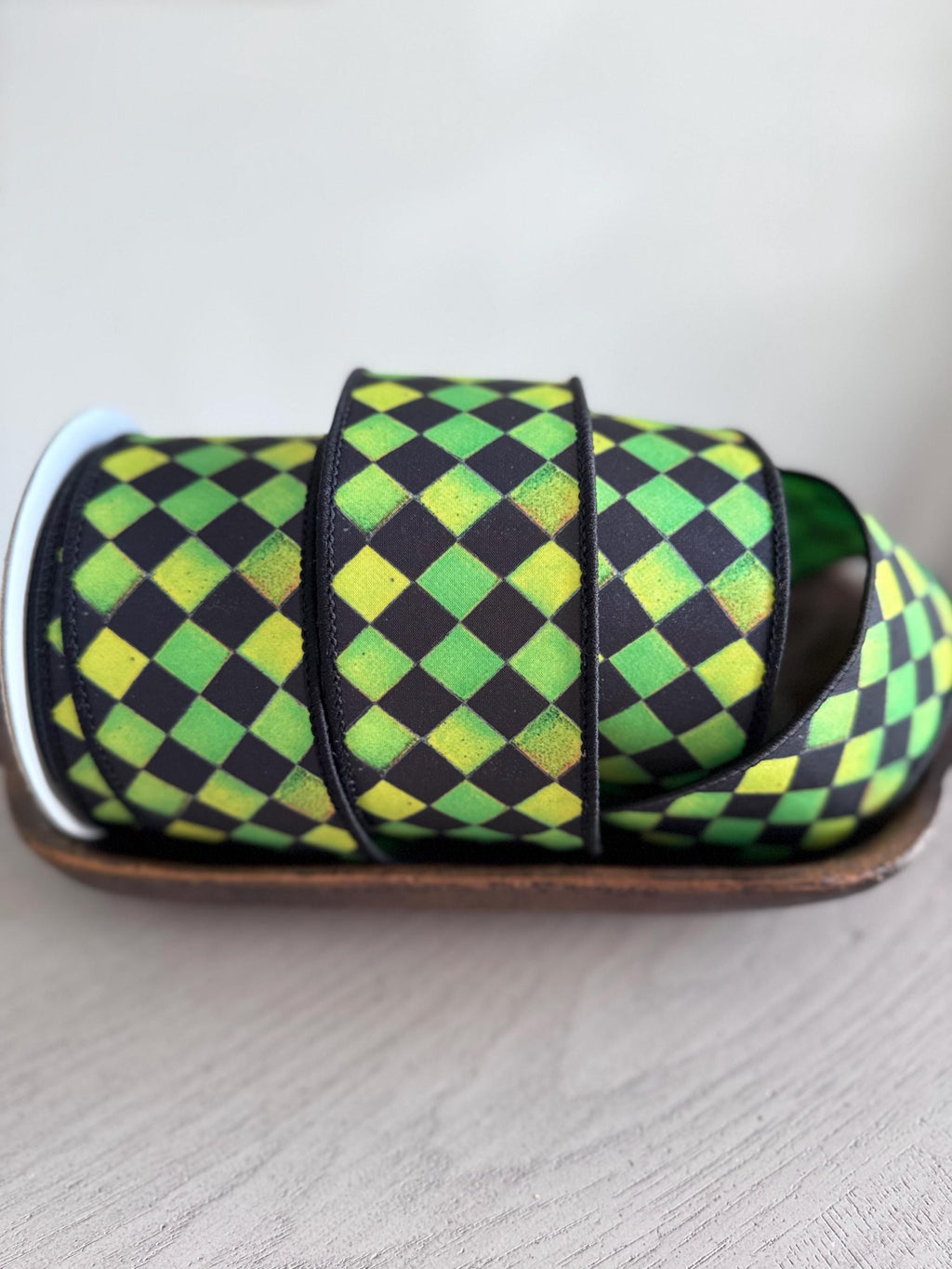 Farrisilk Sketch Checks Ribbon 2.5" x 10 Yards | Lime Green and Black Checkered Wired Ribbon for Halloween Wreaths and Bows