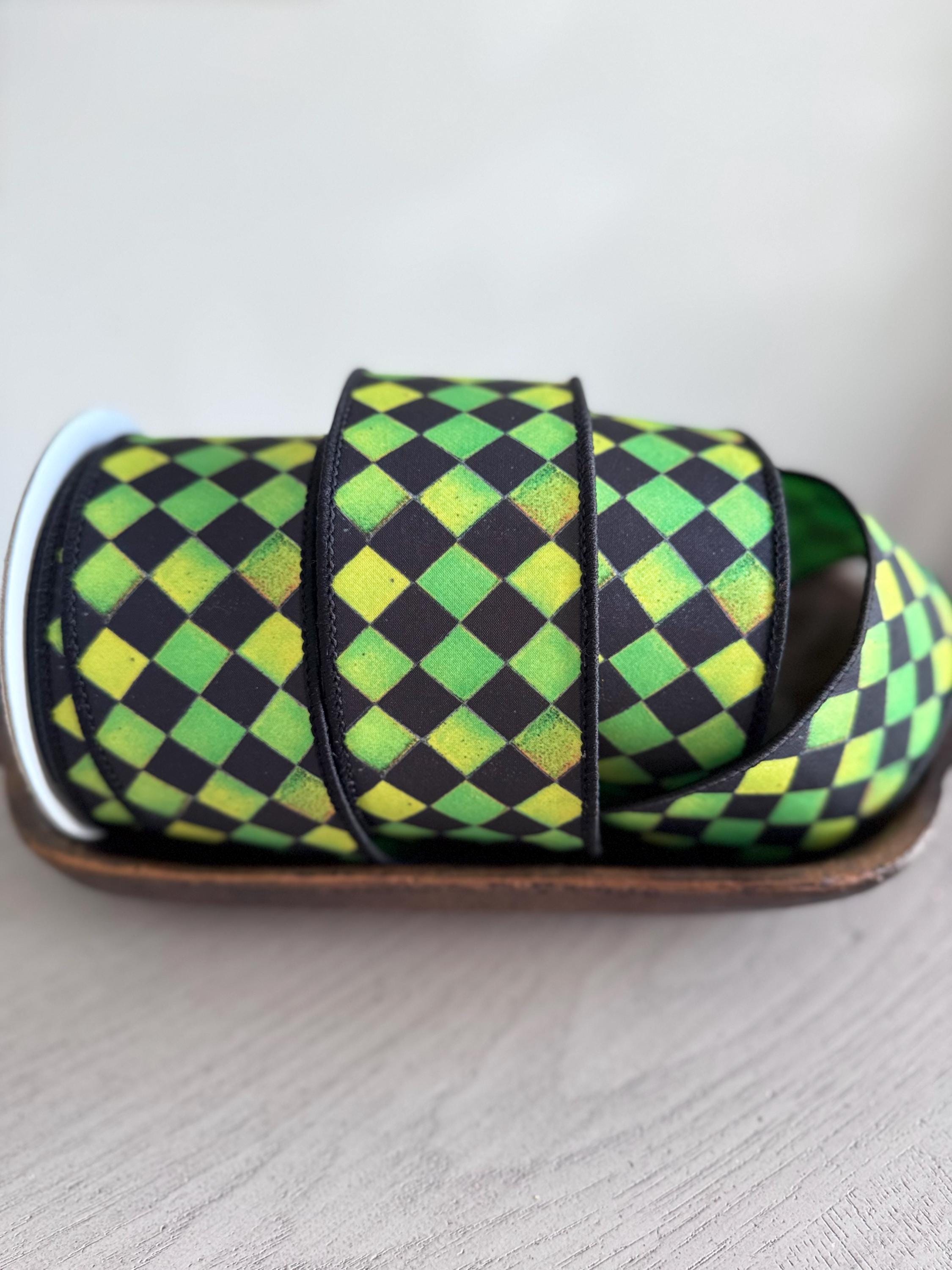 Farrisilk Sketch Checks Ribbon 2.5" x 10 Yards | Lime Green and Black Checkered Wired Ribbon for Halloween Wreaths and Bows