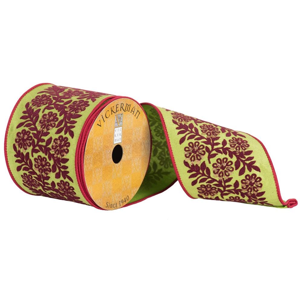Vickerman 4” Green Velvet Ribbon with Burgundy Floral Pattern & Red Edge, Wired Christmas Ribbon, 10 Yard Roll