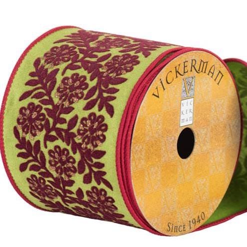 Vickerman 4” Green Velvet Ribbon with Burgundy Floral Pattern & Red Edge, Wired Christmas Ribbon, 10 Yard Roll