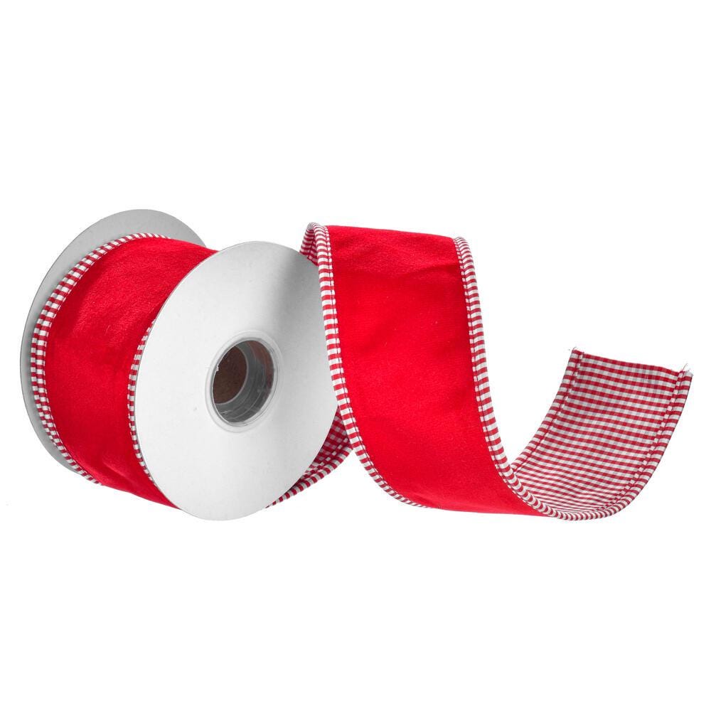 Vickerman 4” Red Velvet Ribbon with Red and White Striped Taffeta Back & Piping, Wired Christmas Ribbon, 10 Yard Roll
