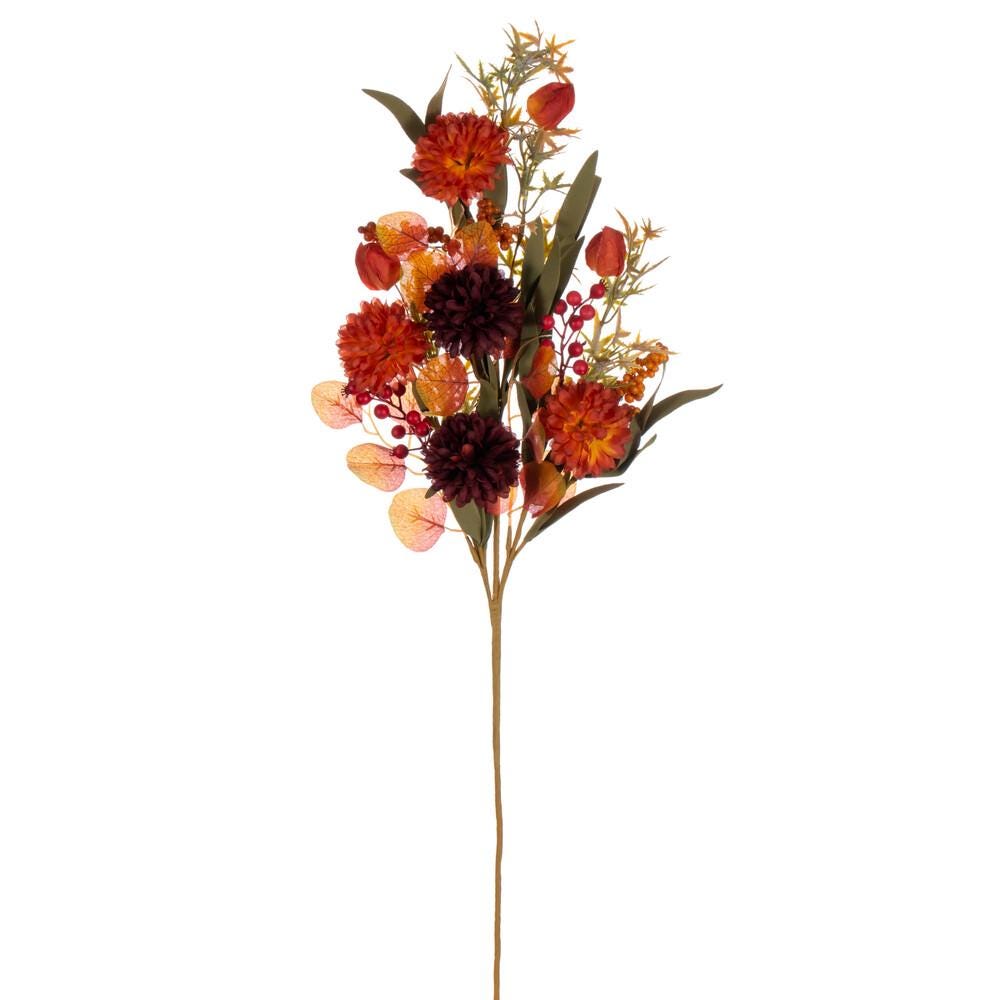 31” Orange Burgundy Mixed Mum, Chinese Lantern and Berry Spray, Artificial Fall Floral Stem